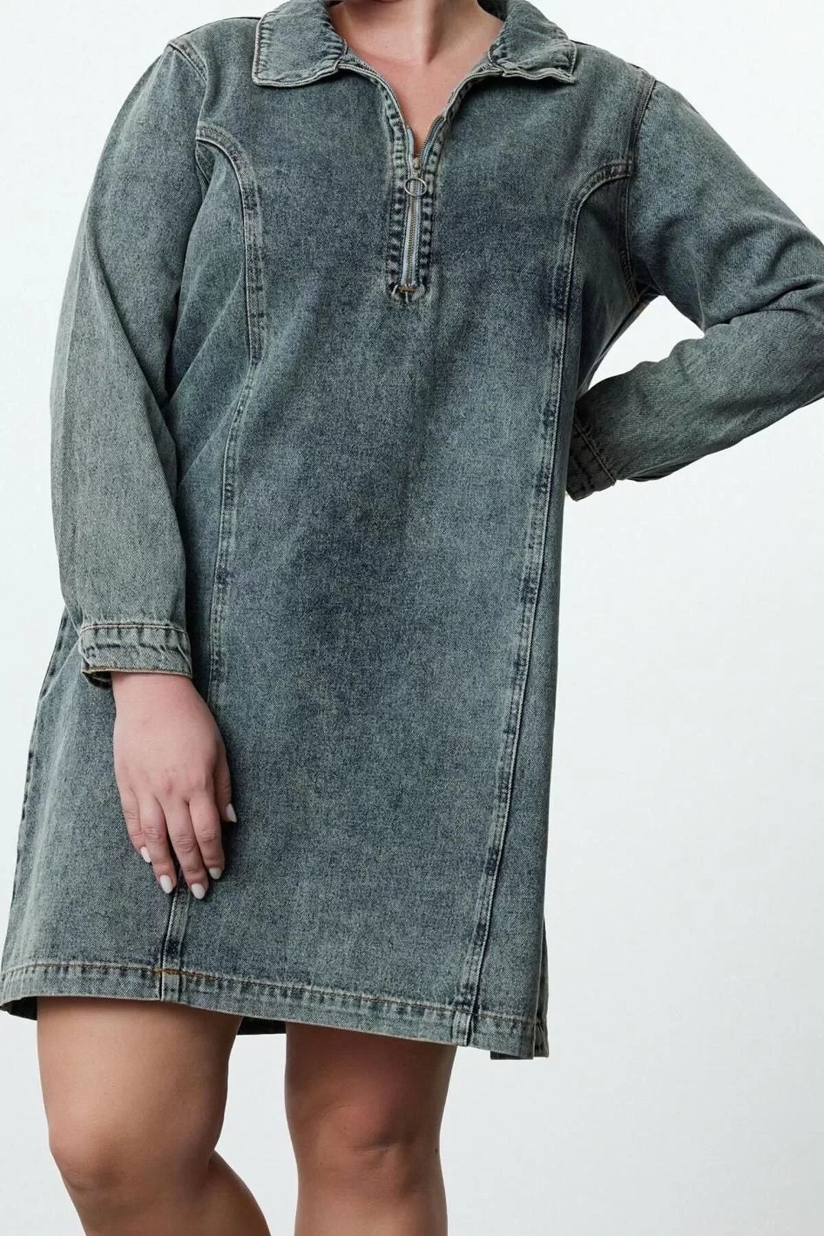 Women Fashion Stylish Plus Size Mini Length Shirt Collar Denim Rigid Plus Size Dress