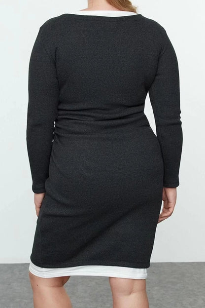 Women Fashion Stylish Plus Size Mini Length Crew Neck Fitted Long Sleeve Camisole Knitted Plus Size Dress