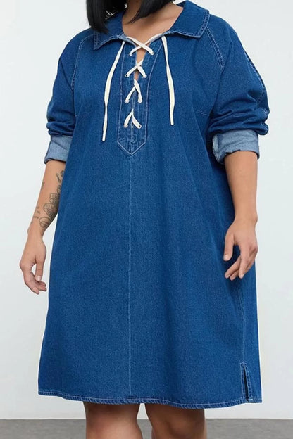 Women Fashion Stylish Plus Size Mini Length Shirt Collar Denim Rigid Lace Up Plus Size Dress