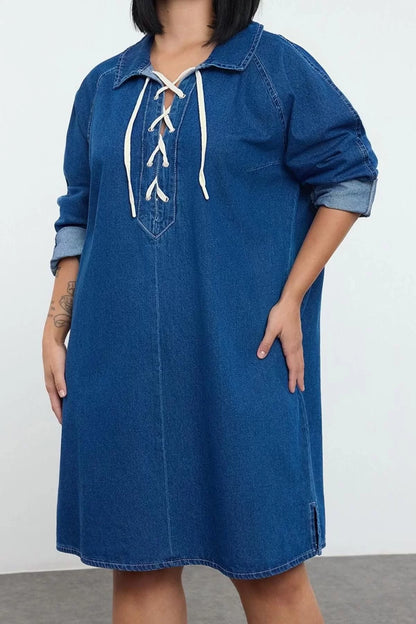 Women Fashion Stylish Plus Size Mini Length Shirt Collar Denim Rigid Lace Up Plus Size Dress