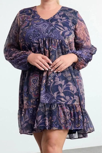 Women's Plus Size Midi Length V Neck Relaxed Floral Glittery Skirt Ruffle Woven Plus Size Dress