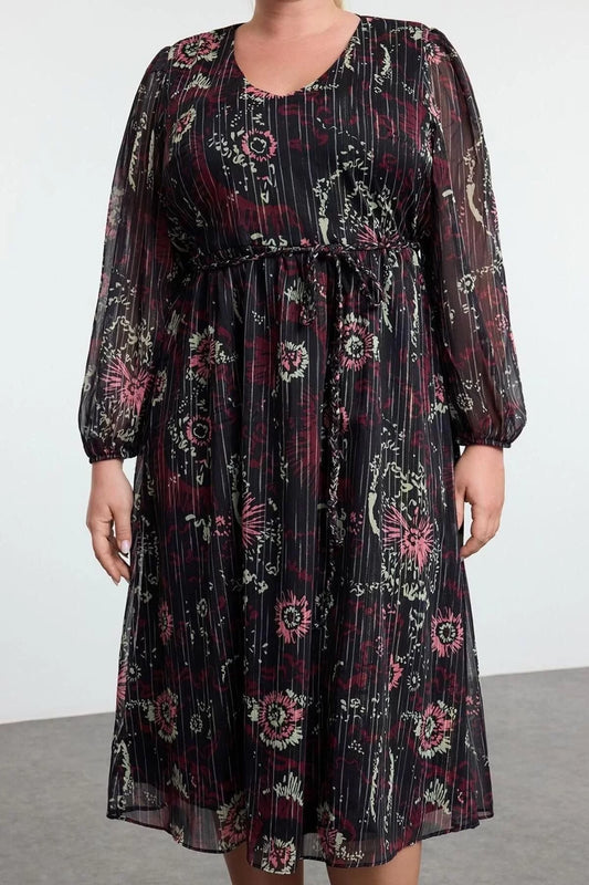 Women's Fashion Plus Size Midi Length V Neck Relaxed Floral Glitter Woven Chiffon Lined Plus Size Dress