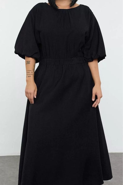 Women Fashion Stylish Plus Size Midi Length Crew Neck Relaxed Textured Balloon Sleeve Woven Plus Size Dress