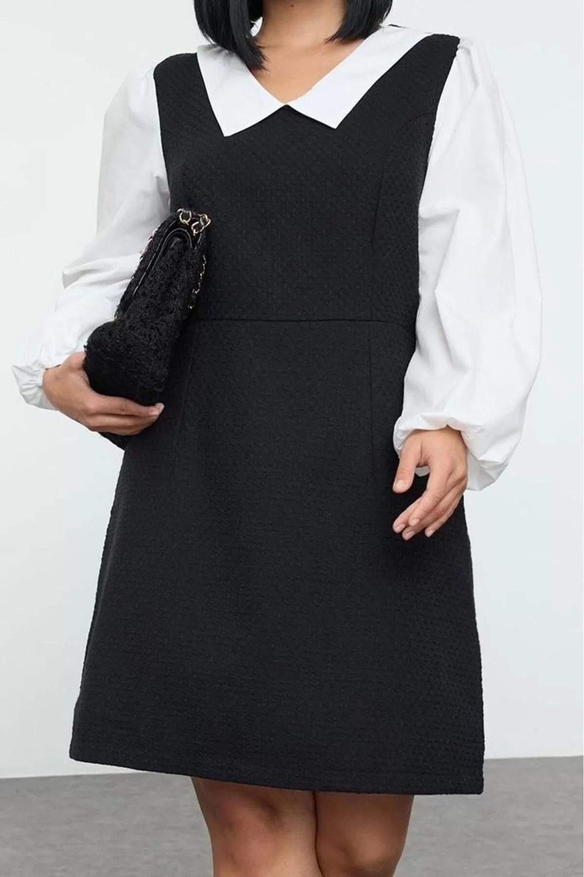 Women Fashion Stylish Plus Size Midi Length Shirt Collar Relaxed Tweed Woven Plus Size Dress