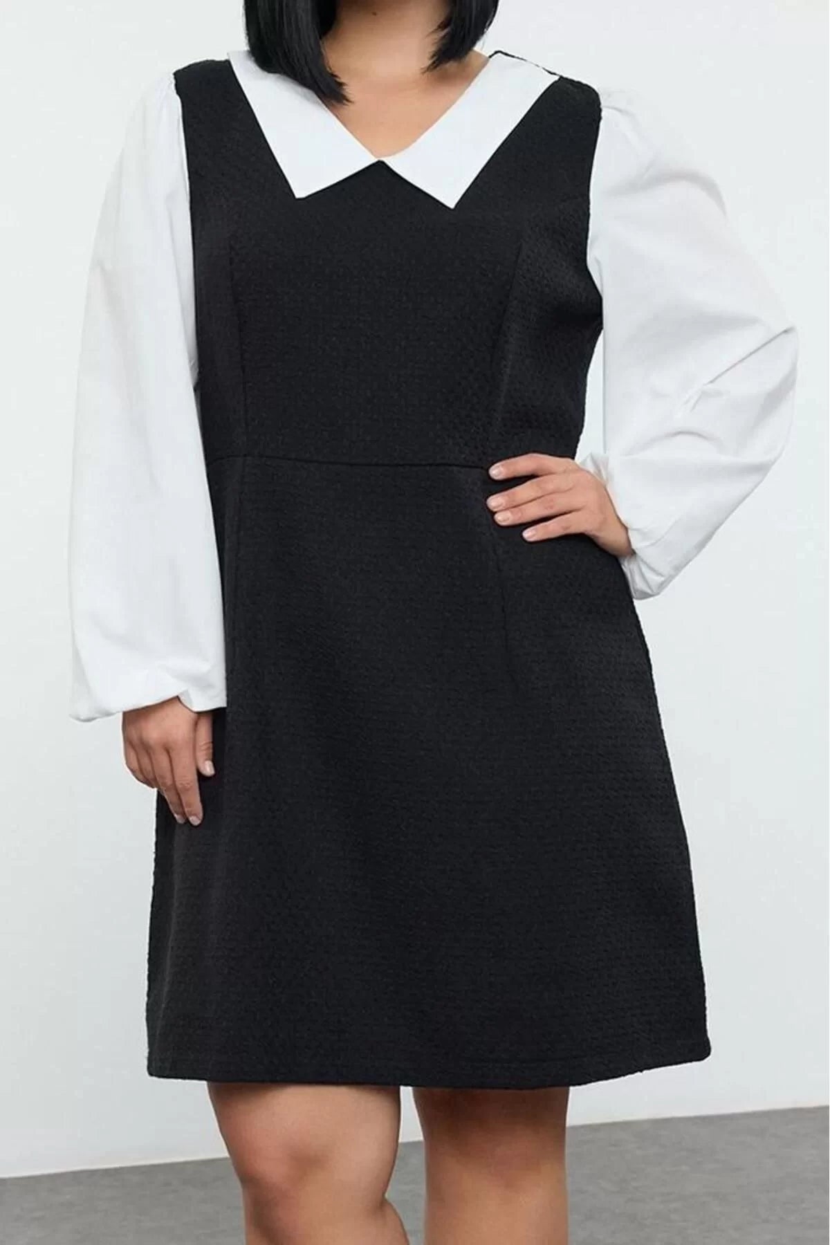 Women Fashion Stylish Plus Size Midi Length Shirt Collar Relaxed Tweed Woven Plus Size Dress