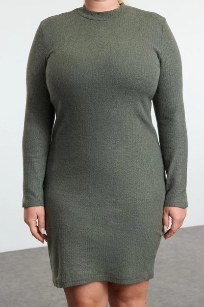 Women's Plus Size Mini Length Crew Neck Fitted Body-Smoothing Ribbed Winter Knitted Plus Size Dress