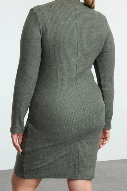 Women's Plus Size Mini Length Crew Neck Fitted Body-Smoothing Ribbed Winter Knitted Plus Size Dress