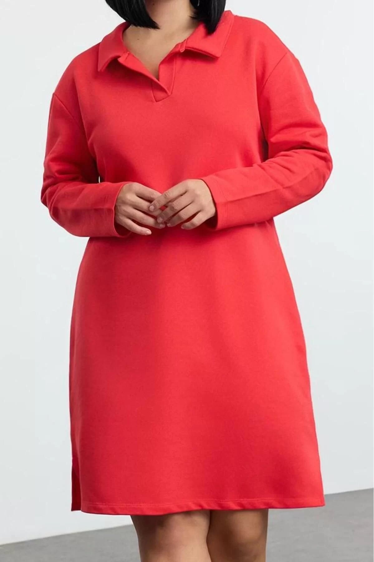 Women Fashion Stylish Plus Size Midi Length Polo Neck Relaxed 2 Yarn Non-raised Knitted Plus Size Dress