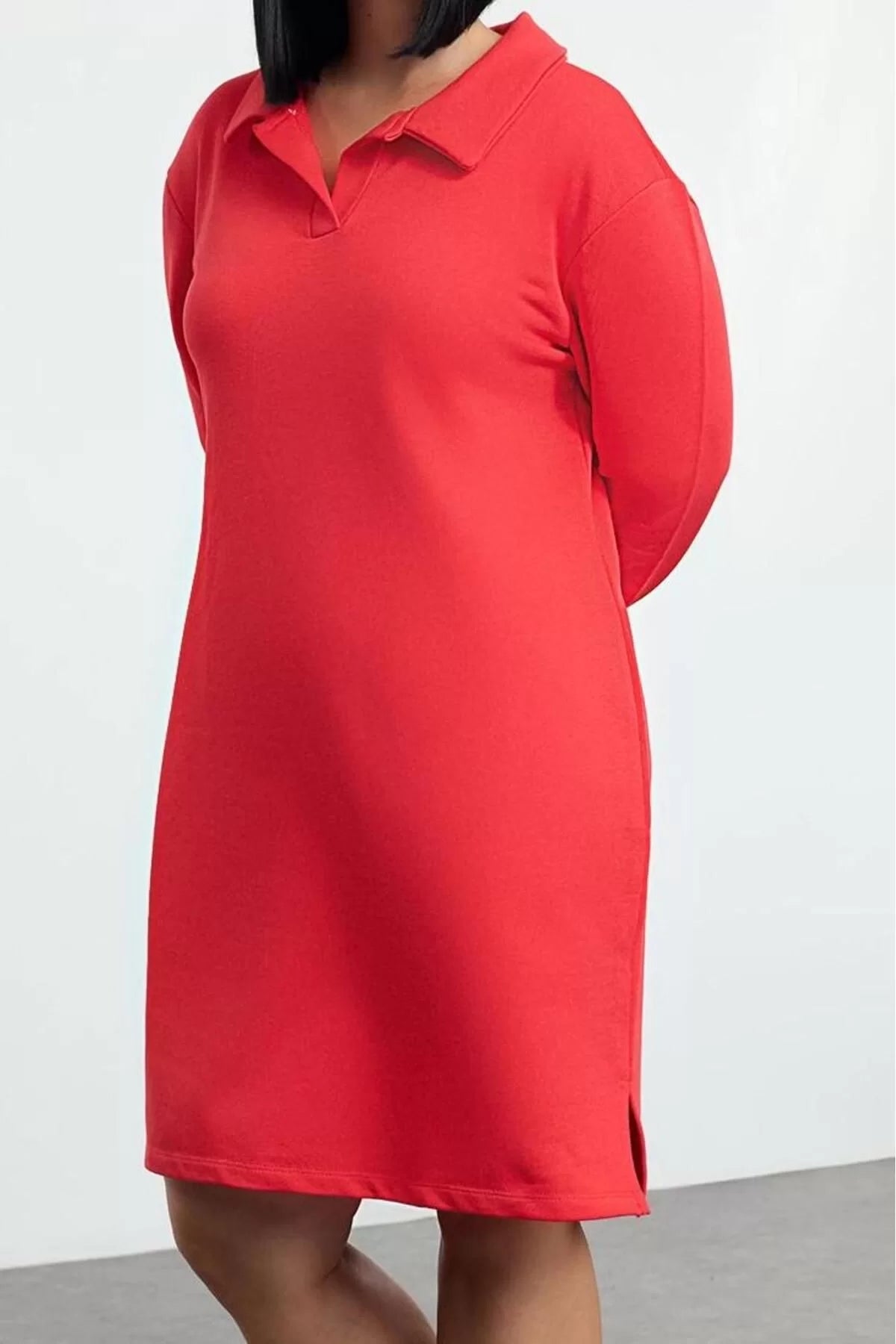 Women Fashion Stylish Plus Size Midi Length Polo Neck Relaxed 2 Yarn Non-raised Knitted Plus Size Dress