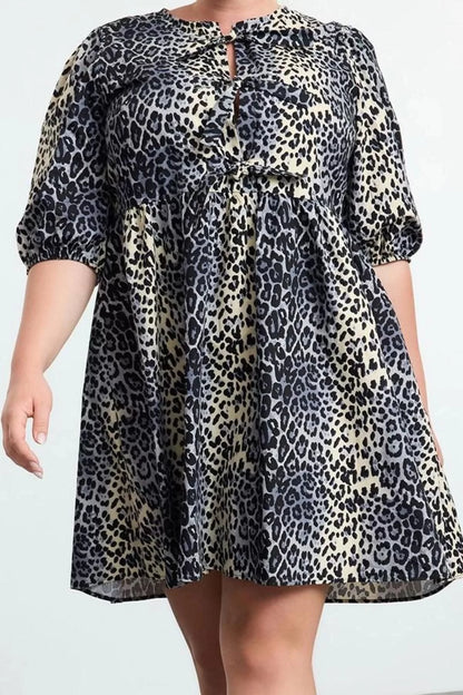 Women's Plus Size Mini Relaxed Bow 100% Cotton Leopard Patterned Woven Plus Size Dress