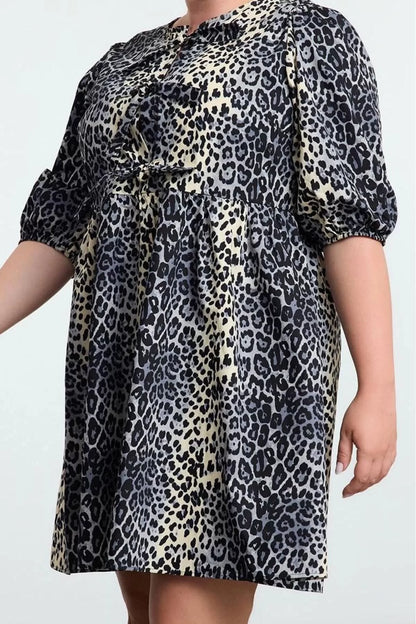 Women's Plus Size Mini Relaxed Bow 100% Cotton Leopard Patterned Woven Plus Size Dress