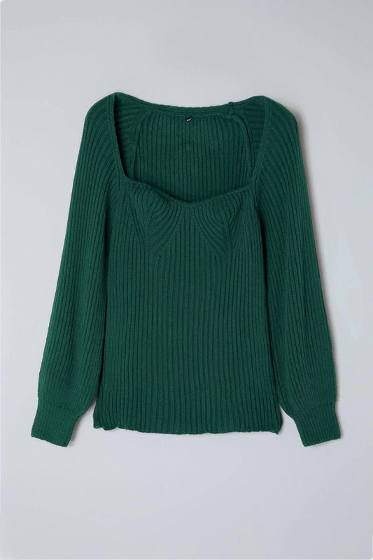 Women Fashion Stylish Plus Size Heart Neck Raglan Sleeve Regular Ribbed Knitwear Sweater