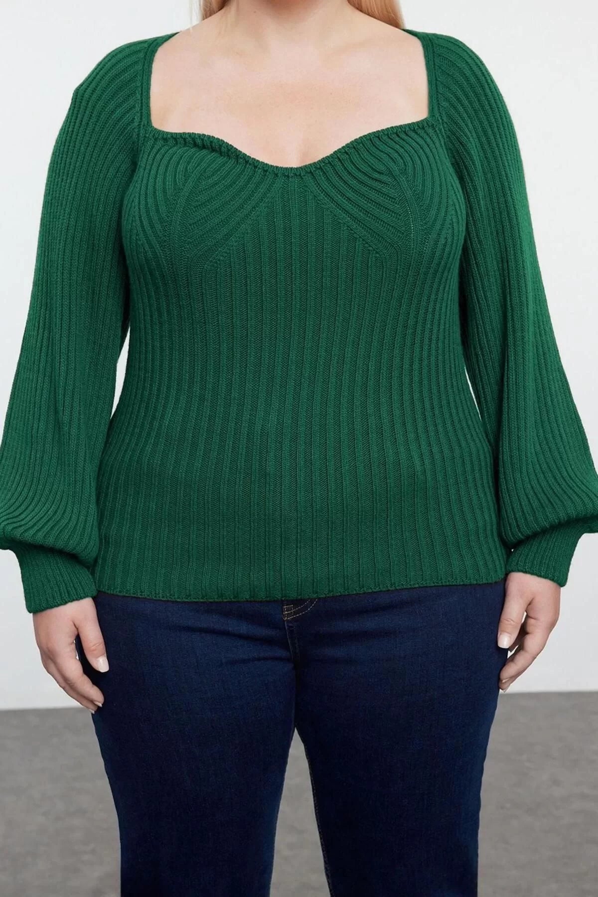 Women Fashion Stylish Plus Size Heart Neck Raglan Sleeve Regular Ribbed Knitwear Sweater