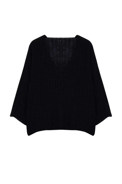 Women Fashion Stylish Plus Size V Neck Low Sleeve Regular Ribbed Knitwear Sweater