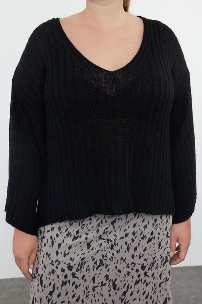 Women Fashion Stylish Plus Size V Neck Low Sleeve Regular Ribbed Knitwear Sweater