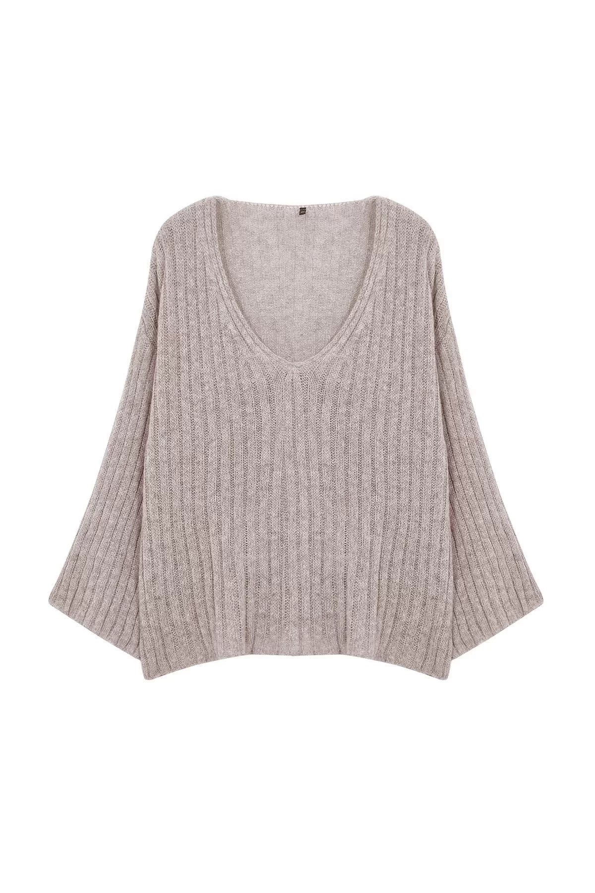 Women Fashion Stylish Plus Size V Neck Low Sleeve Regular Ribbed Knitwear Sweater