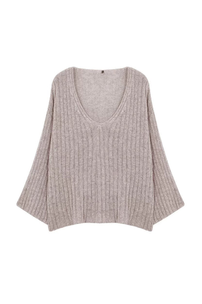 Women Fashion Stylish Plus Size V Neck Low Sleeve Regular Ribbed Knitwear Sweater