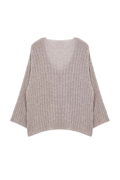 Women Fashion Stylish Plus Size V Neck Low Sleeve Regular Ribbed Knitwear Sweater