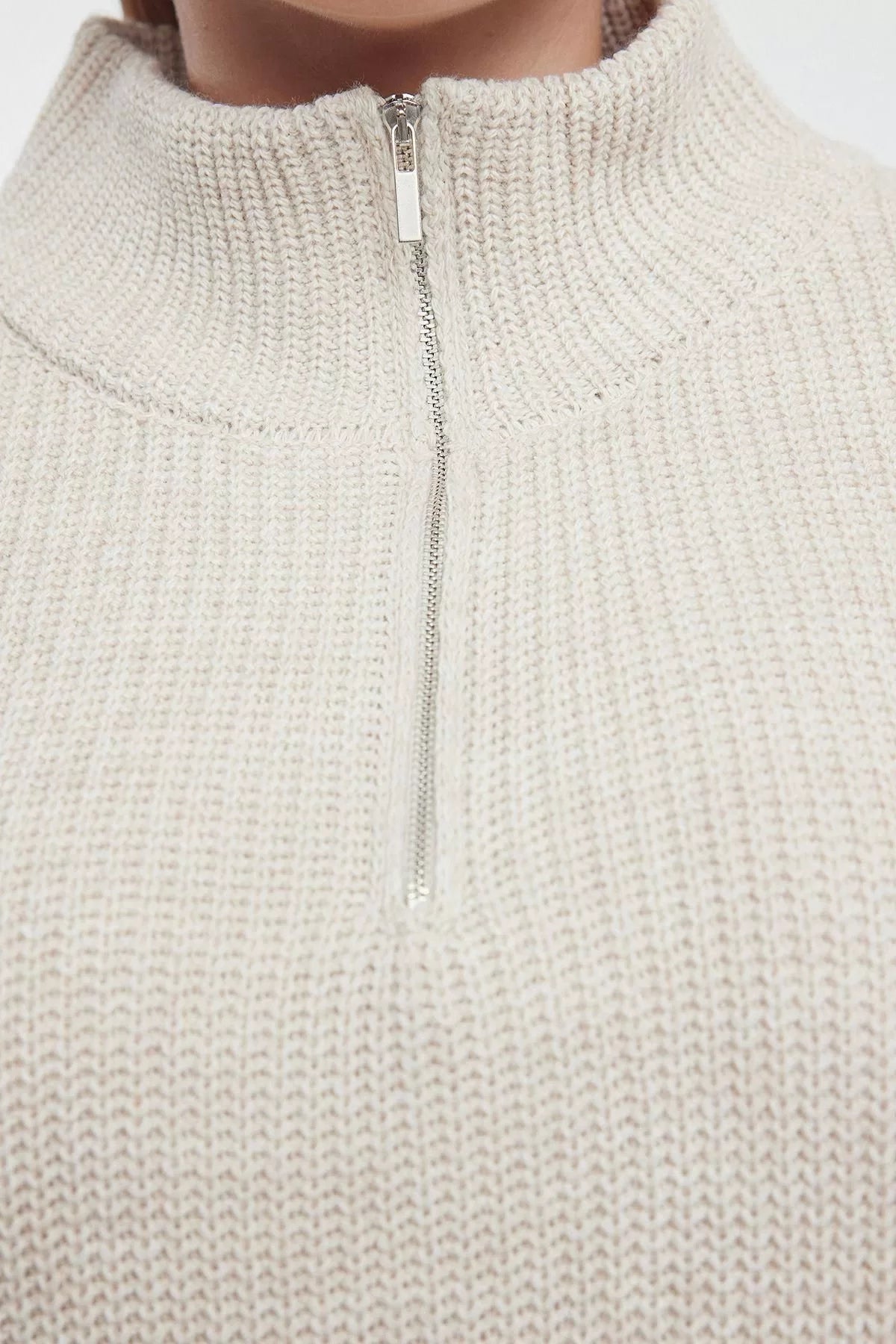 Women Fashion Stylish Plus Size Stand Collar Low Sleeve Regular Zipper Collar Knitwear Sweater