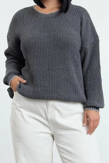 Women Fashion Stylish Plus Size Crew Neck Low Sleeve Regular Stitch Detailed Knitwear Sweater