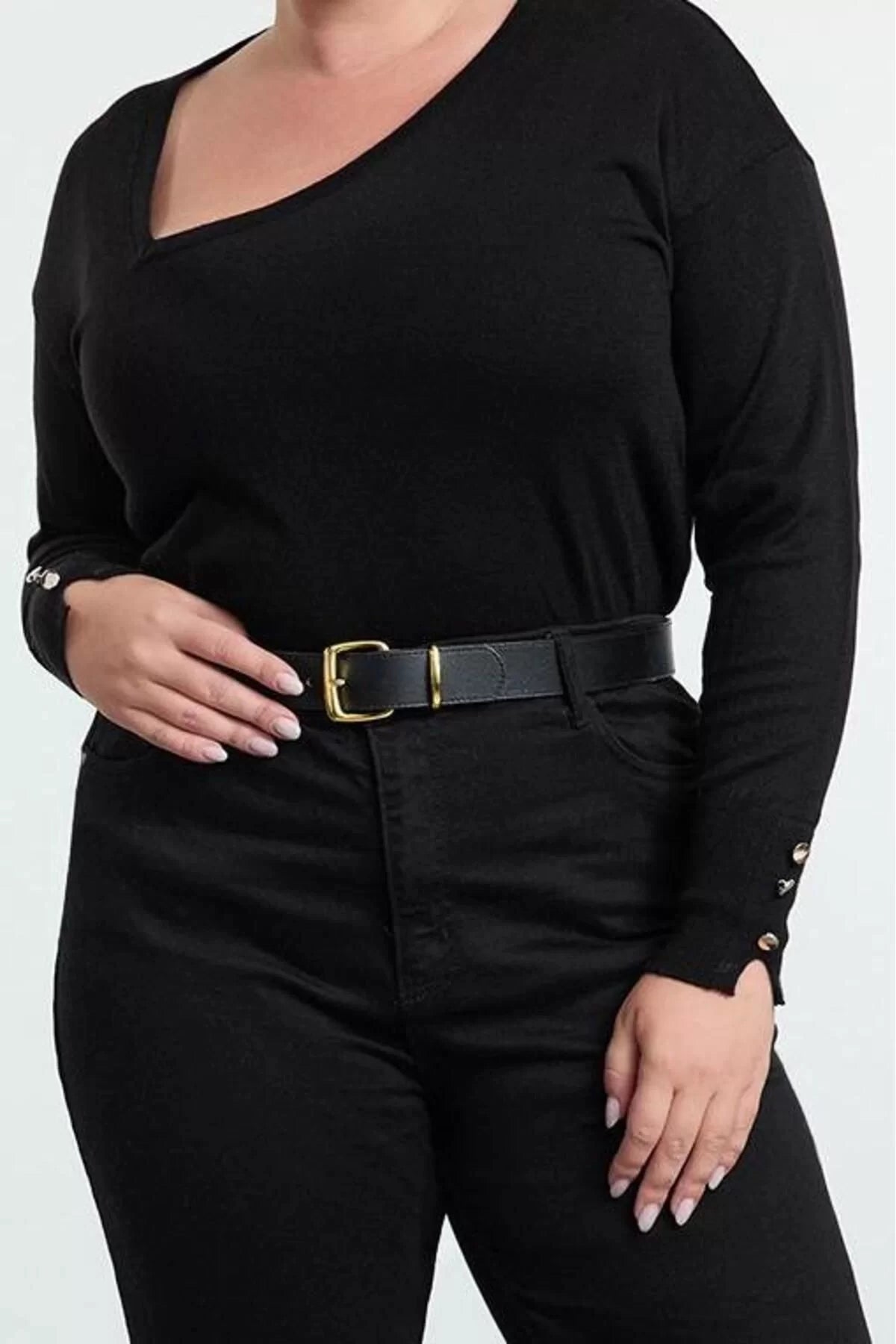 Women Fashion Stylish Plus Size Asymmetrical Collar Regular Sleeve Buttoned Knitwear Sweater