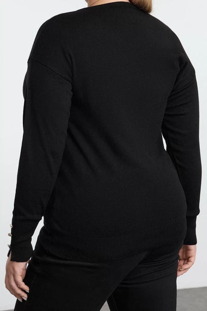 Women Fashion Stylish Plus Size Asymmetrical Collar Regular Sleeve Buttoned Knitwear Sweater