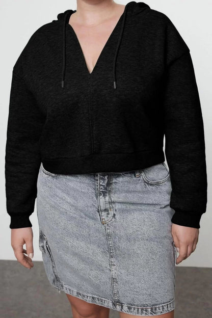 Women Plus Size Fashion Stylish Relaxed Hooded Low Sleeve Crop Basic Crop Knitted Sweatshirt