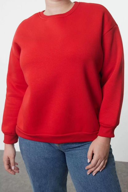 Women's Plus Size Oversize Crew Neck Beige Casual Cut Basic Thick Polar Fleece Knitted Sweatshirt