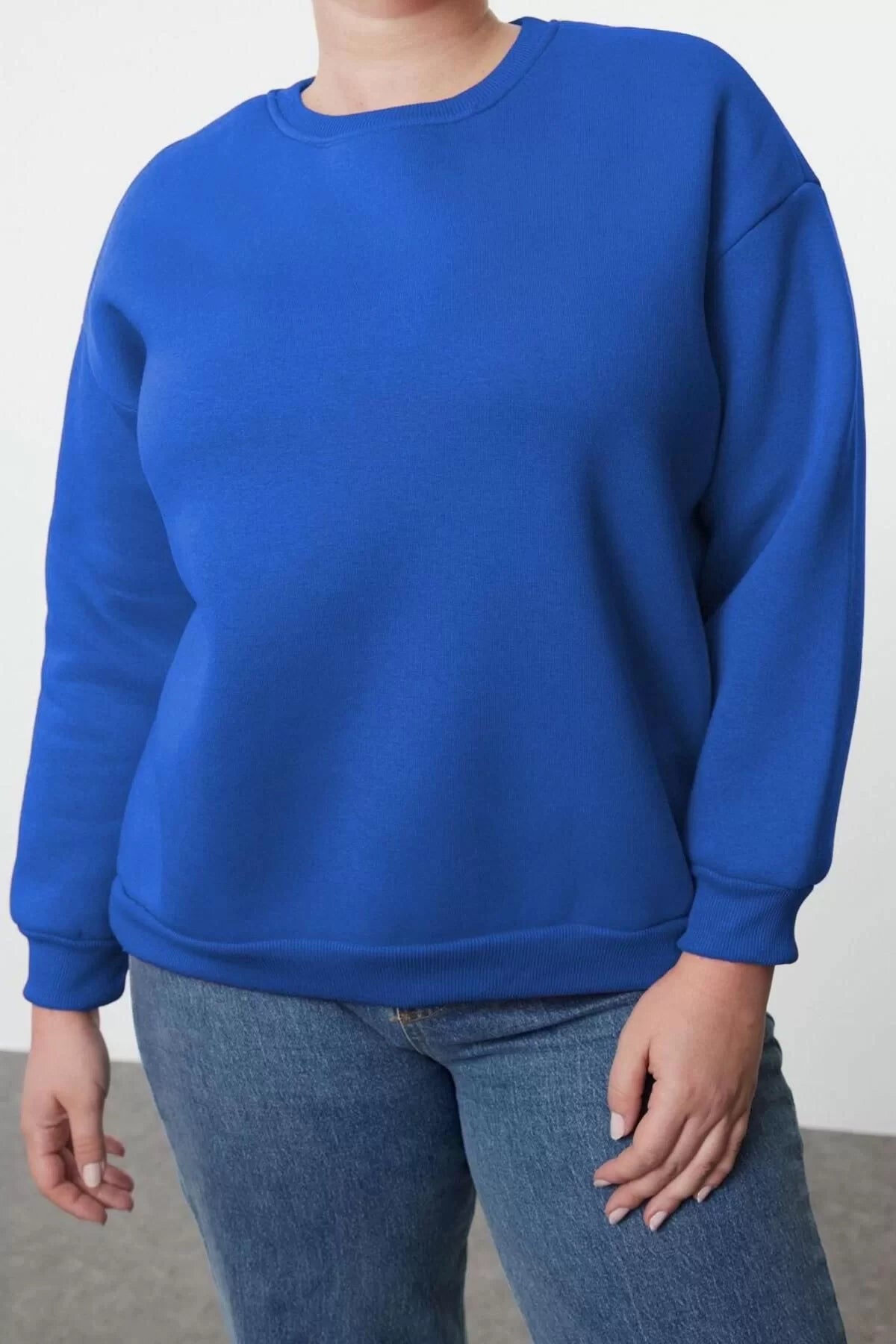 Women's Plus Size Oversize Crew Neck Beige Casual Cut Basic Thick Polar Fleece Knitted Sweatshirt