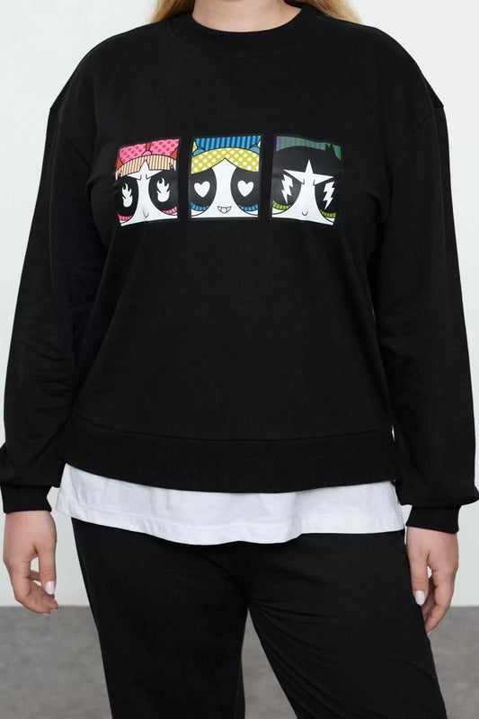 Women's Plus Size Crew Neck Standard Sleeve Powerpuff Girls Licensed Knitted Sweatshirt