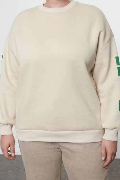 Women's Plus Size Oversize Crew Neck Low Sleeve Wide Cut Back Printed Fleece Thick Sweatshirt