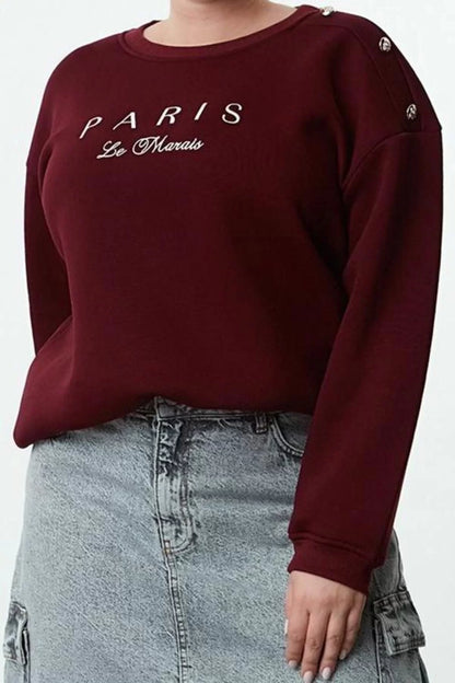 Women's Plus Size Boyfriend Crew Neck Low Sleeve Button and Embroidered Fleece Knitted Sweatshirt