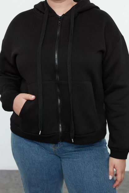 Women's Plus Size Oversize Hooded Low Sleeve Regular Fleece Inside Zippered Knitted Sweatshirt