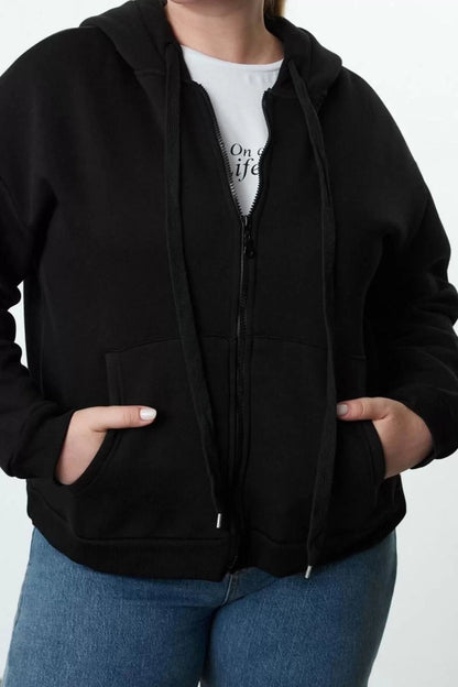 Women's Plus Size Oversize Hooded Low Sleeve Regular Fleece Inside Zippered Knitted Sweatshirt