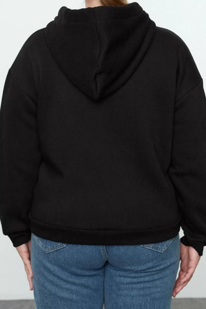 Women's Plus Size Oversize Hooded Low Sleeve Regular Fleece Inside Zippered Knitted Sweatshirt