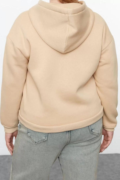 Women's Plus Size Oversize Hooded Low Sleeve Regular Fleece Inside Zippered Knitted Sweatshirt