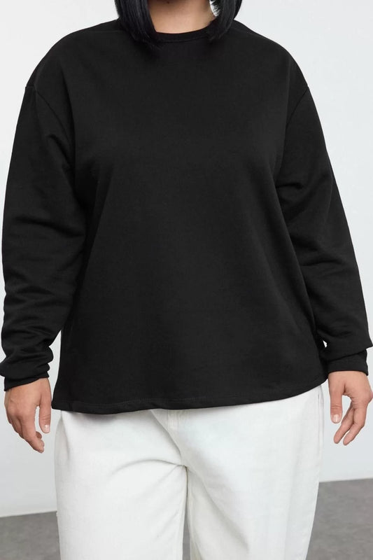 Women's Plus Size Crew Neck Standard Sleeve Snap Detail Regular Fit Knitted Sweatshirt