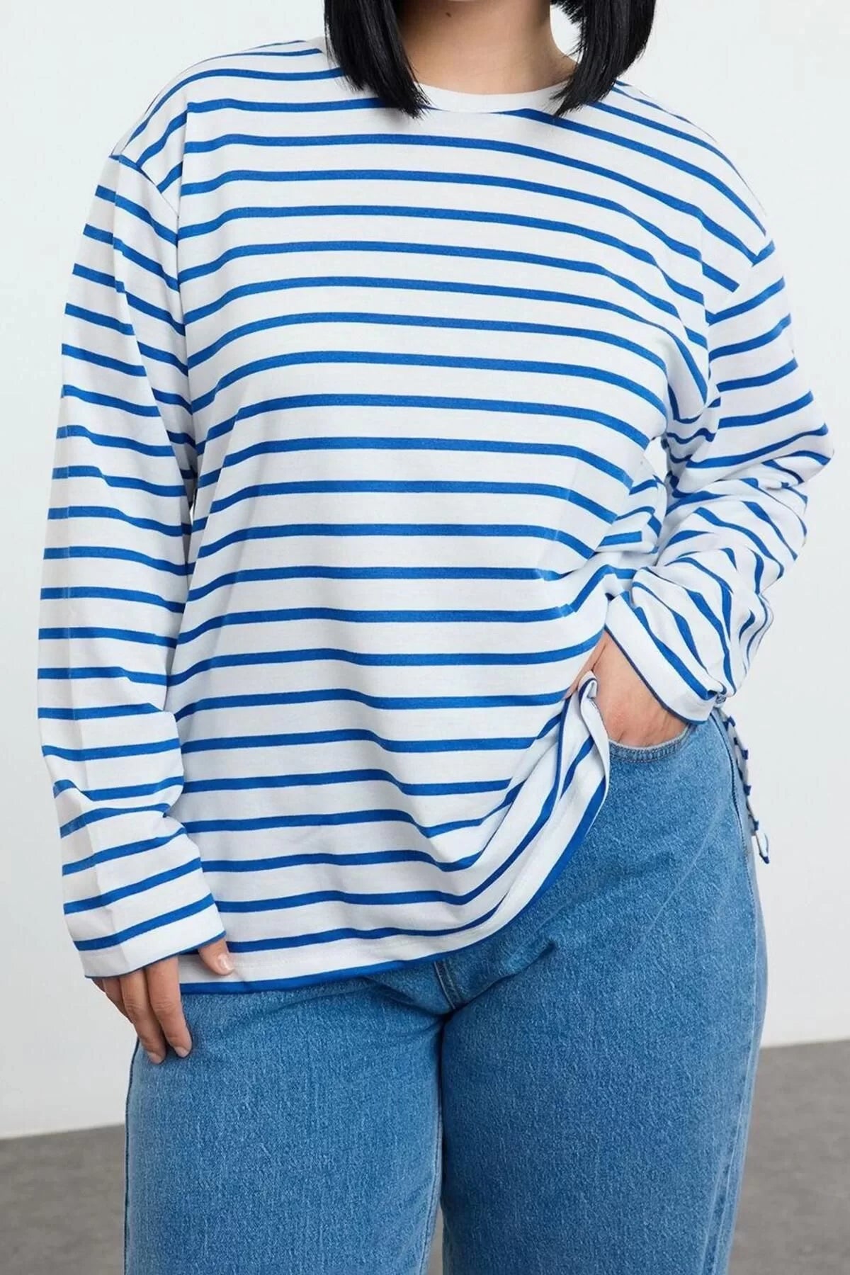 Women's Plus Size Regular Crew Neck Standard Sleeve Regular Striped Regular Pattern Knitted Sweatshirt