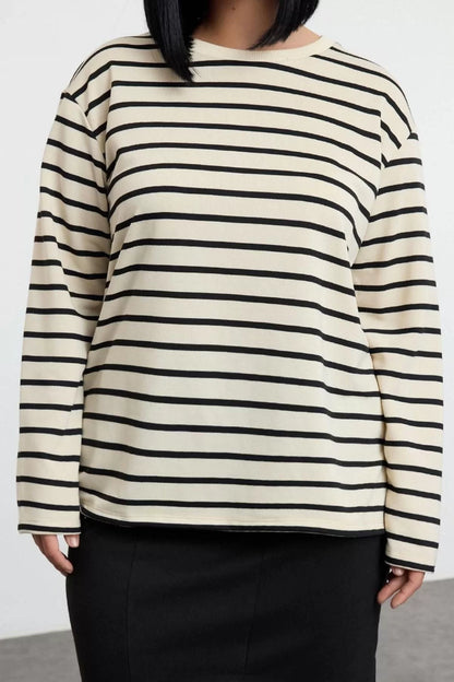 Women's Plus Size Regular Crew Neck Standard Sleeve Regular Striped Regular Pattern Knitted Sweatshirt