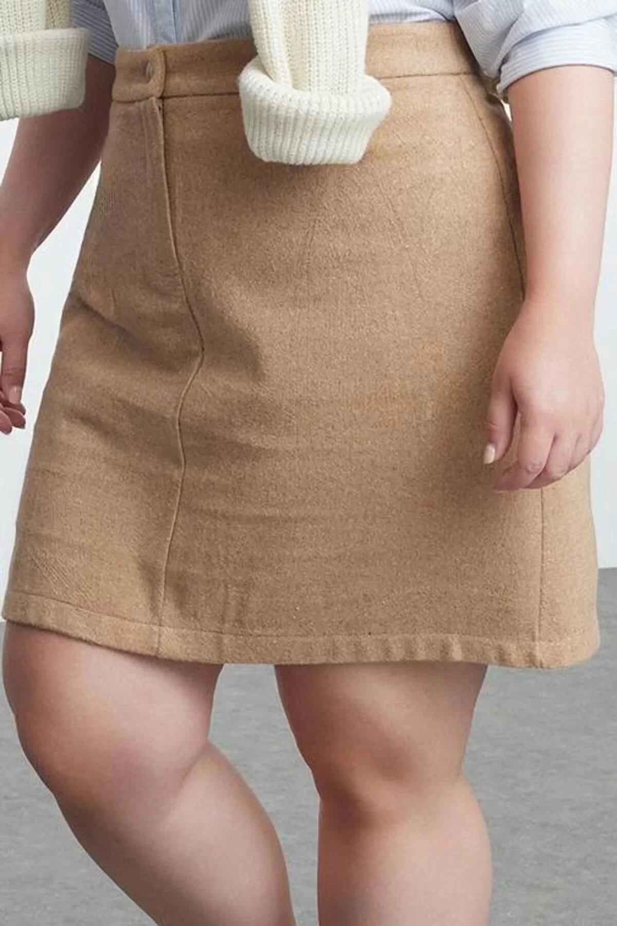 Women Fashion Style Mini Unlined Woven Plus Size Buttoned Zippered Mini Woven Cashmere Thick Skirt