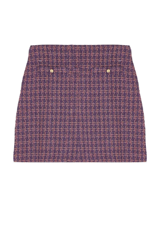 Women Fashion Style Mini Unlined Woven Plus Size Gold Button Plaid Tweed Mini Woven Skirt