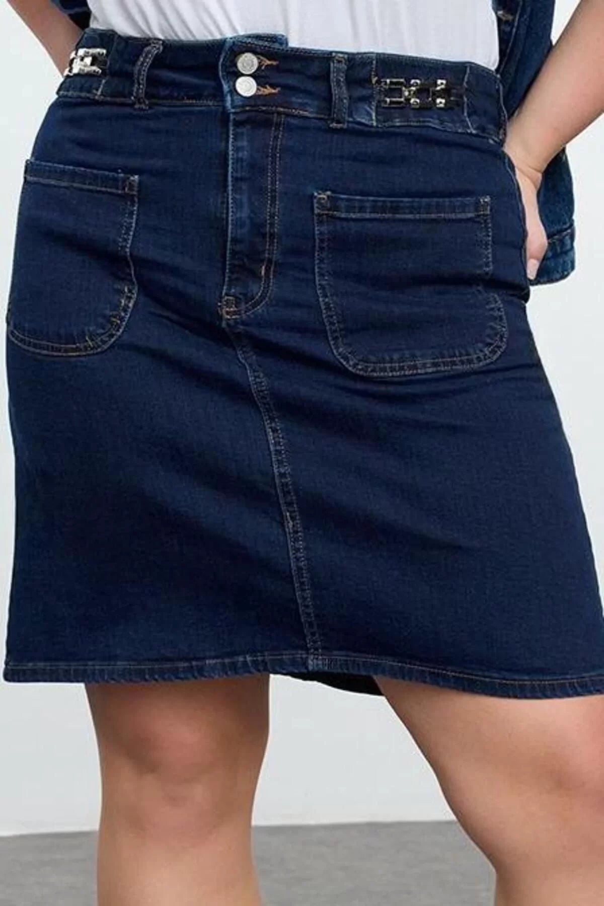 Women Fashion Style Mini Unlined Denim Plus Size Aksaur Detailed Denim Skirt