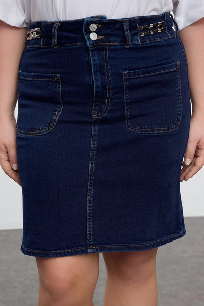 Women Fashion Style Mini Unlined Denim Plus Size Aksaur Detailed Denim Skirt