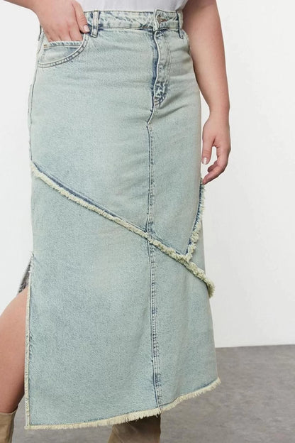 Women Fashion Style Maxi Unlined Denim Plus Size Slit Denim Skirt