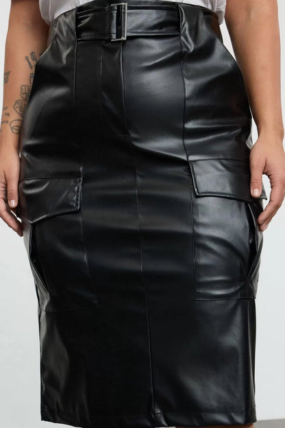 Women Fashion Style Midi Unlined Woven Plus Size Faux Leather Pocket Woven Skirt