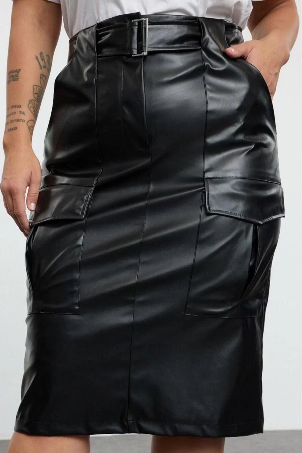 Women Fashion Style Midi Unlined Woven Plus Size Faux Leather Pocket Woven Skirt