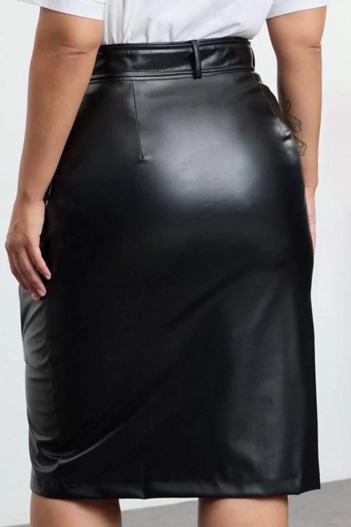 Women Fashion Style Midi Unlined Woven Plus Size Faux Leather Pocket Woven Skirt