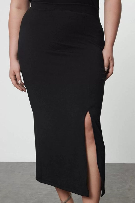 Women Fashion Style Maxi Unlined Knitted Plus Size Crepe Slit Detailed Maxi High Waist Elastic Knitted Skirt