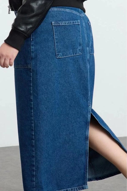 Women Fashion Style Midi Unlined Denim Plus Size More Sustainable Pocket Detailed Midi Denim Skirt