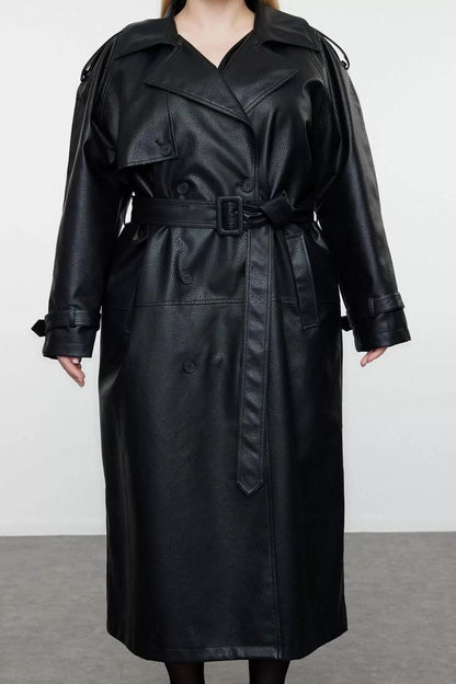 Women's Plus Size Fashion Stylish Oversize Jacket Collar Long Plain Lined Fit Maxi Length Faux Leather Trench Coat